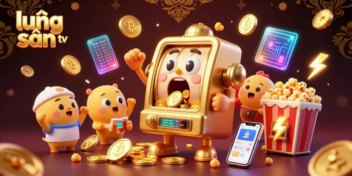 Lương Sơn TV presents a vibrant gambling scene with a cartoon slot machine celebrating a jackpot, featuring exciting elements like Bitcoin and Ethereum coins.