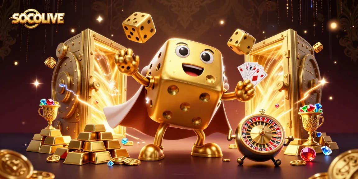 SOCOLIVE showcases a vibrant 3D fantasy scene with casino-themed characters, showcasing gambling excitement and treasure.