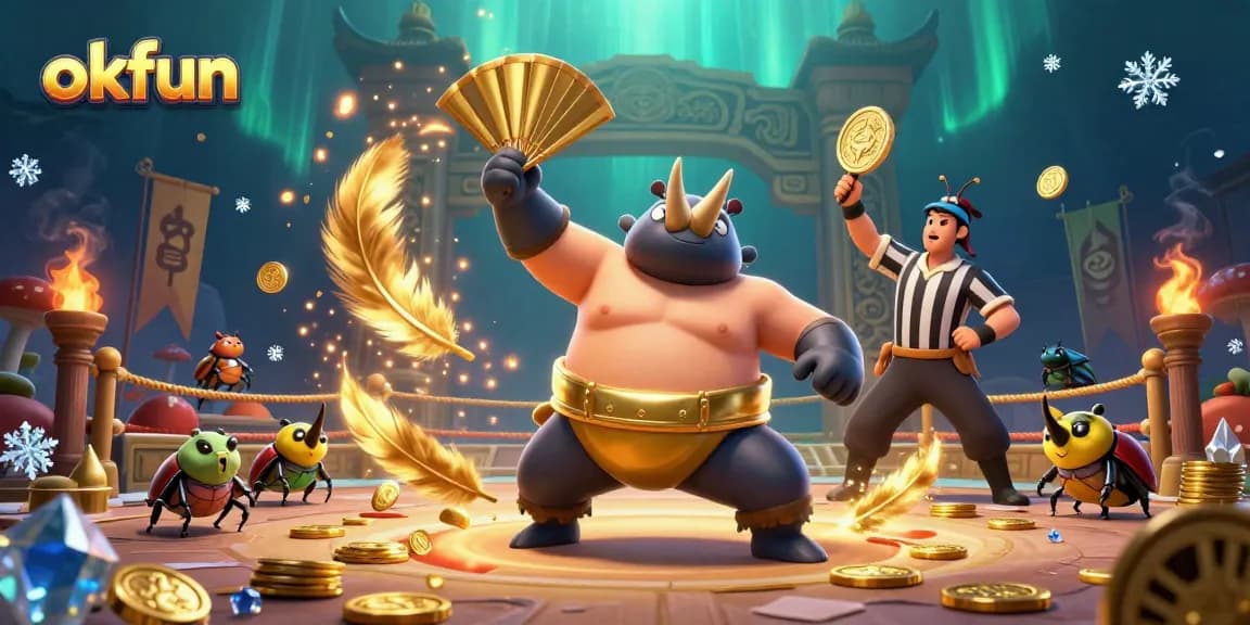 Experience excitement at okfun with a dynamic showdown featuring a beetle champion amidst flying coins in an energetic casino atmosphere.