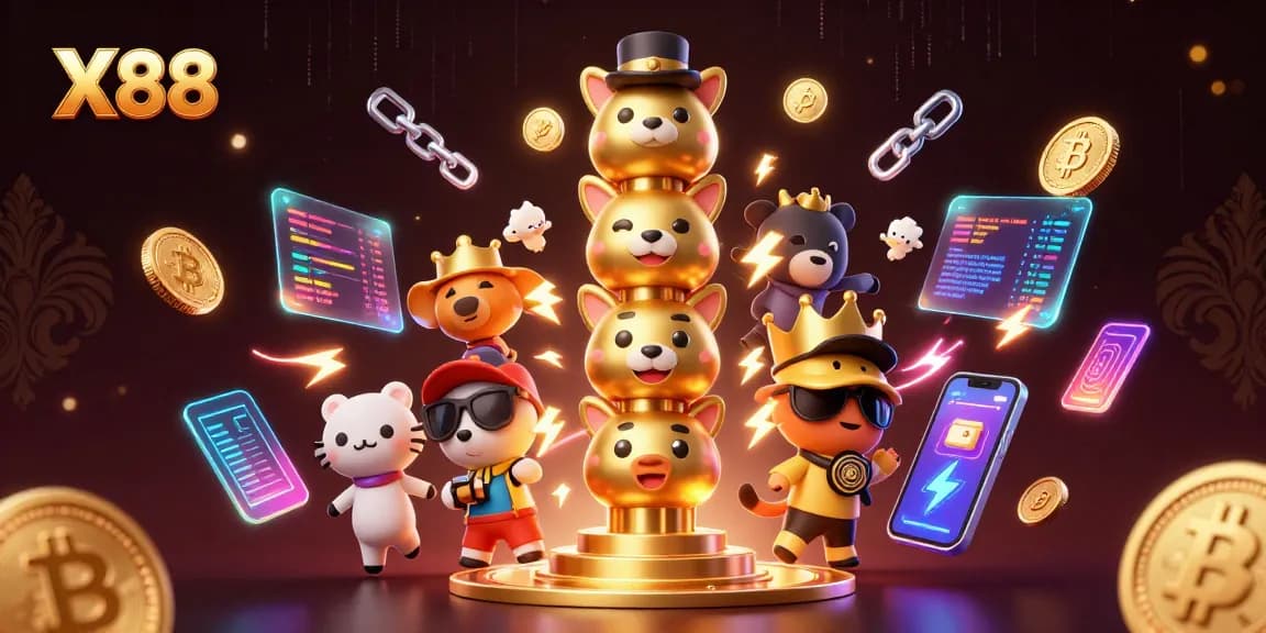 X88 players engage with vibrant casino elements in this dynamic digital illustration.