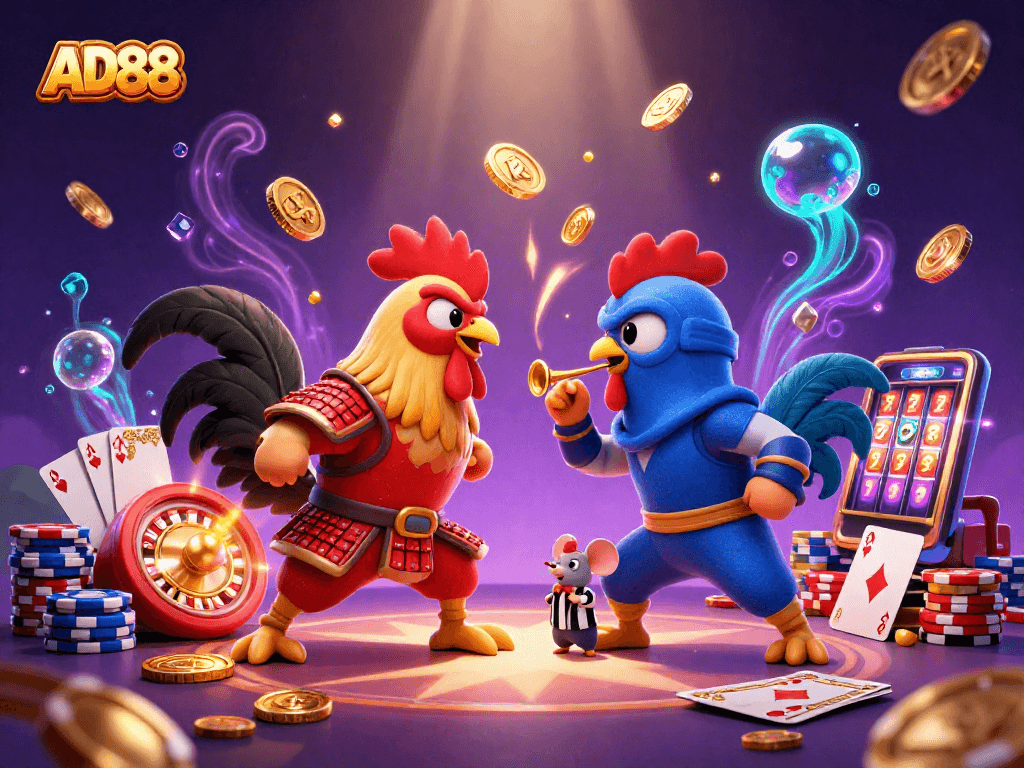 Witness the intense AD88 standoff of samurai and ninja roosters amidst a vibrant casino scene.