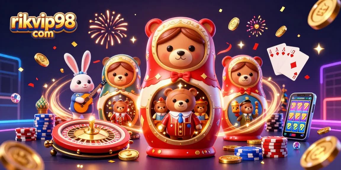 Experience the thrill of rikvip98 com casino with dynamic illustrations of 3D cartoon characters amid dazzling casino elements.