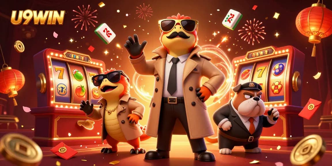 Engage with U9WIN's vibrant gaming scene filled with lively slot action and animated characters.