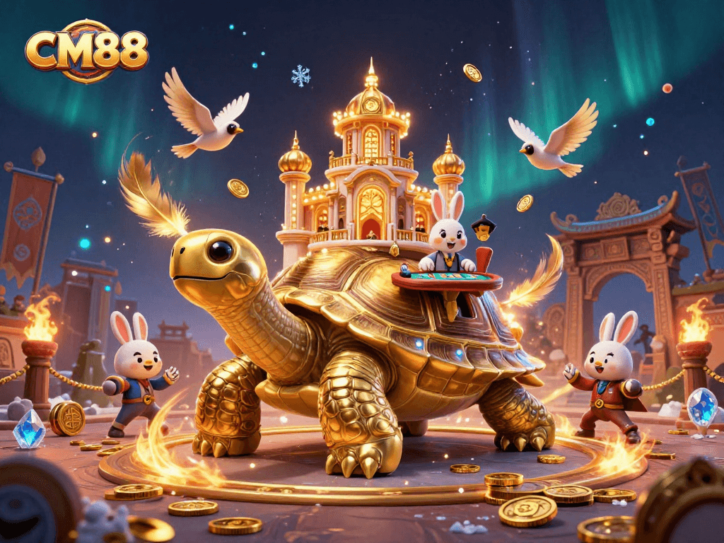 Experience winning strategies at CM88 with a lively casino scene featuring a golden tortoise and rabbit dealer.