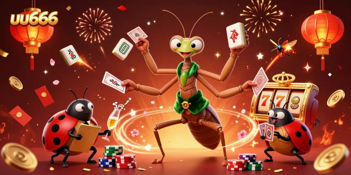 Experience uu666 thrilling gameplay with a lively casino scene featuring a giant mantis and ladybug characters.