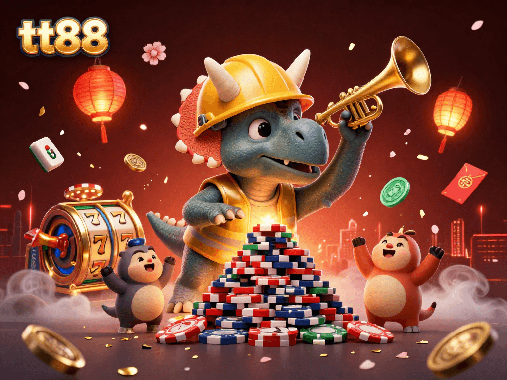 Engage with tt88 through a festive 3D casino celebration featuring triceratops and vibrant game elements.