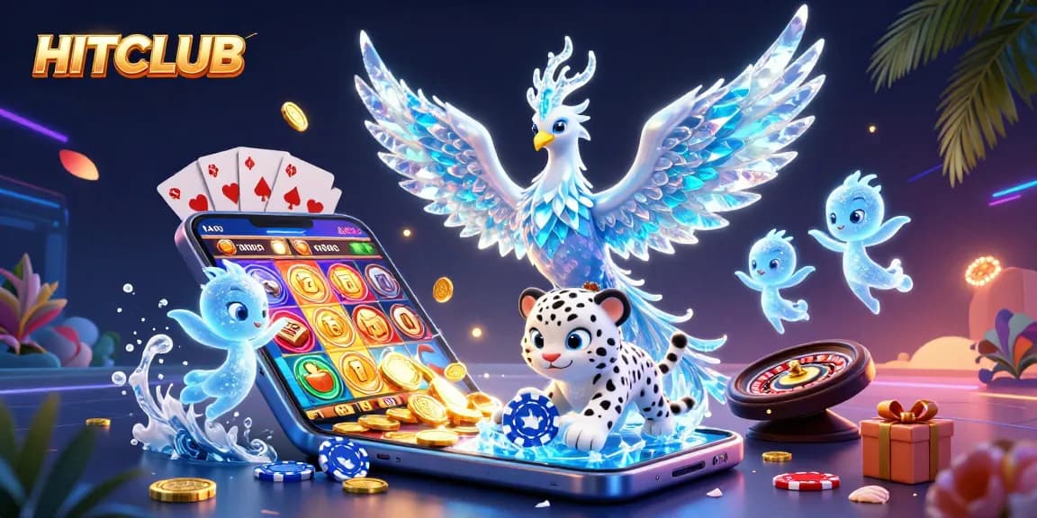 Engage in thrilling gaming experiences at HITCLUB with vibrant illustrations of slots and poker.