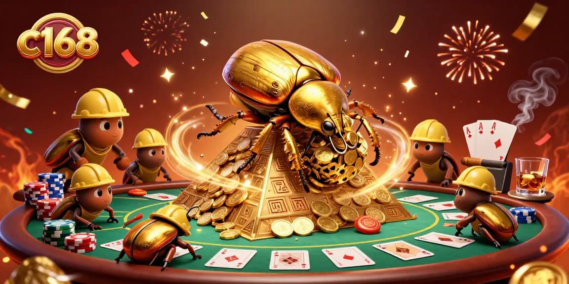 c168 showcases a golden beetle rolling a coin ball at a casino, rich with poker elements.