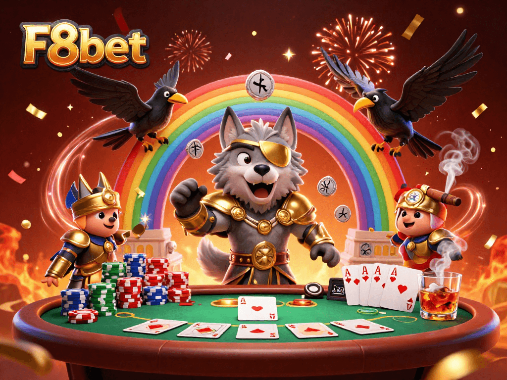 Engage with thrilling poker games at F8bet featuring a vibrant 3D illustration of mythical characters.