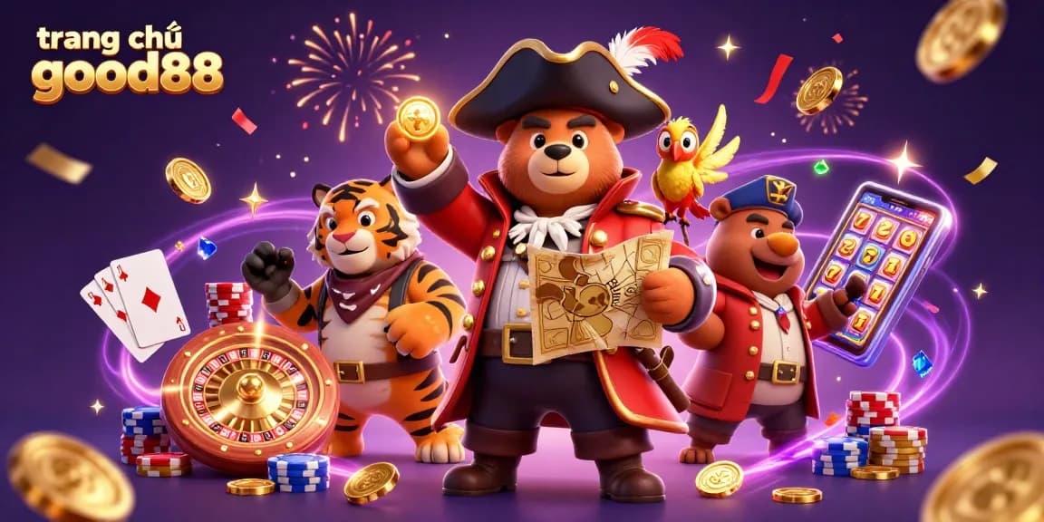 Experience the excitement of trang chủ good88 with a colorful, dynamic casino scene featuring cartoon characters and vibrant game elements.