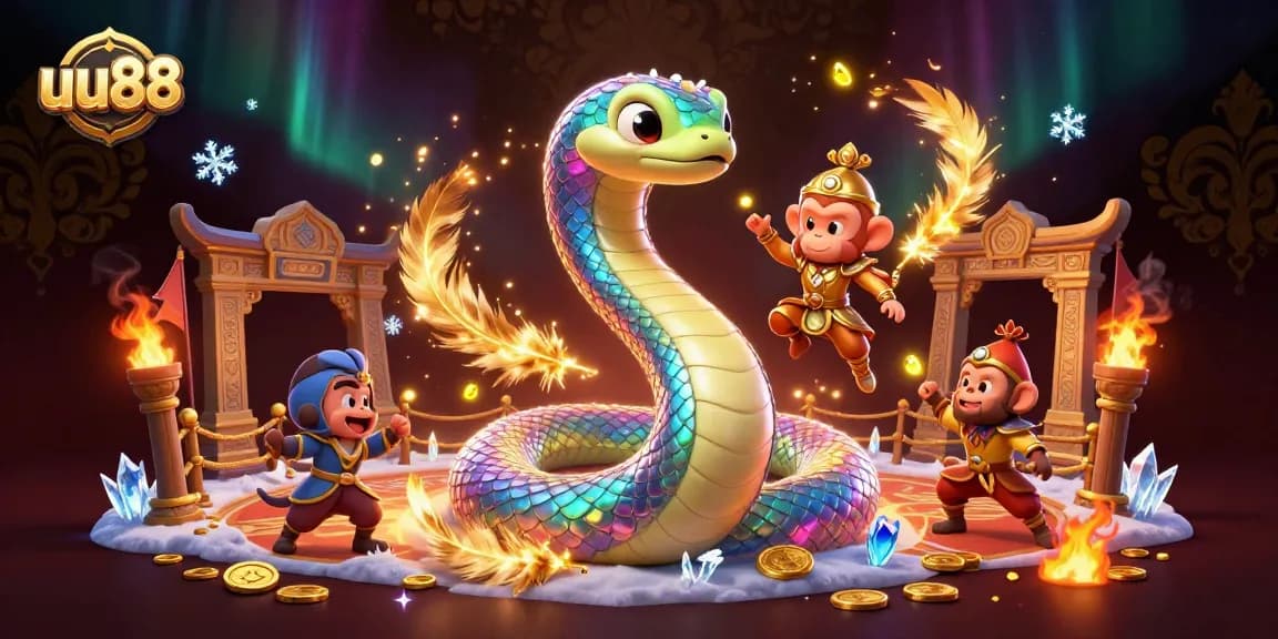 Engage in gameplay at uu88 with a vibrant 3D casino scene featuring a rainbow serpent and magical elements.