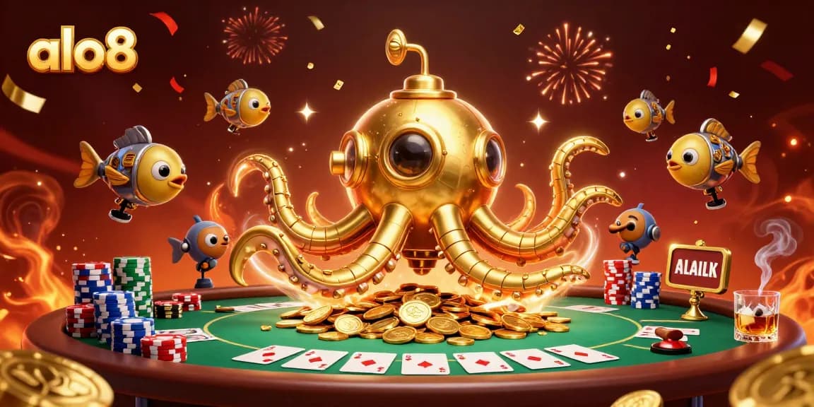 Experience thrilling poker action with ALO8's vibrant 3D illustration of a kraken submarine surrounded by casino elements.