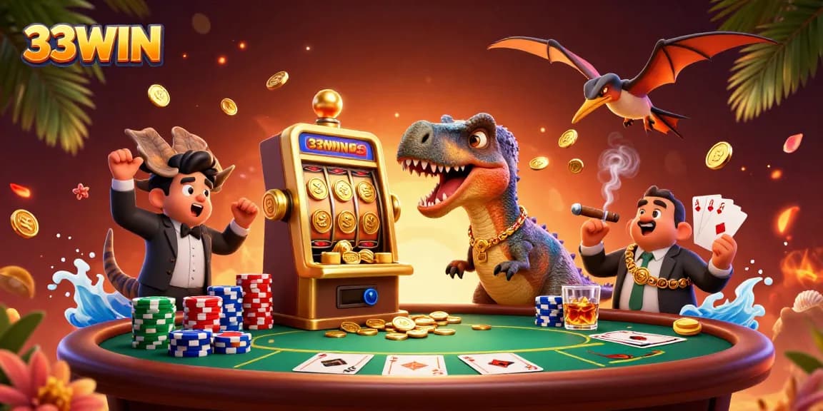 33WIN features a whimsical scene of a dinosaur winning coins and a panicked casino manager amidst poker excitement.