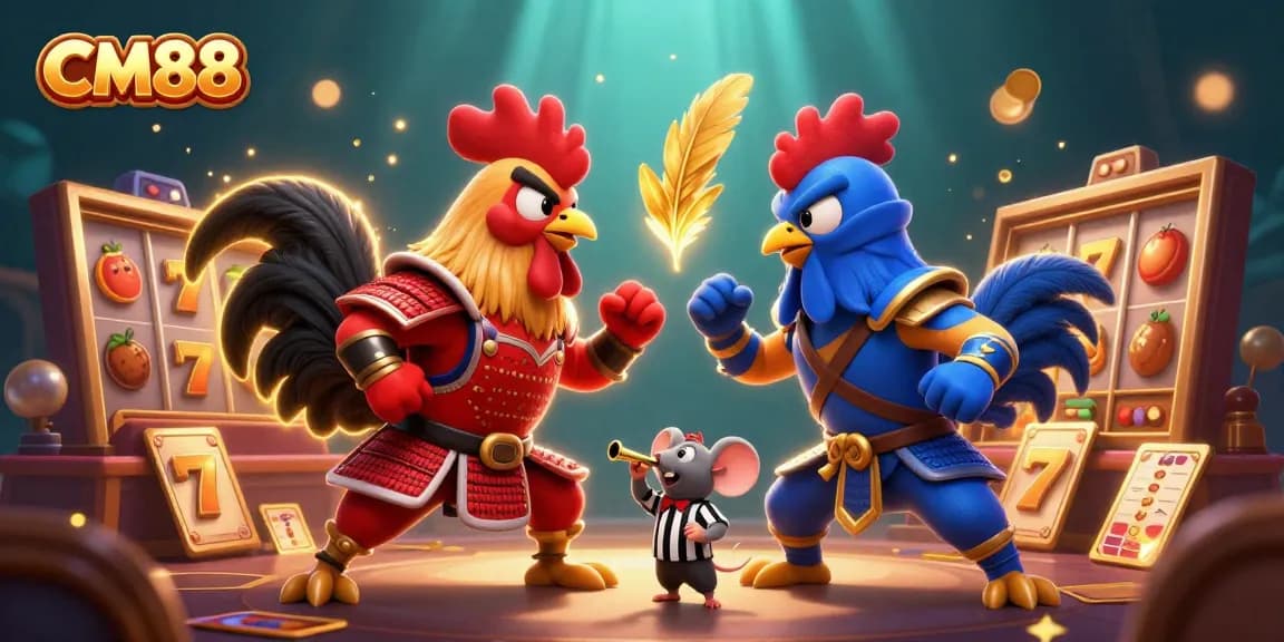 CM88 showcases an epic standoff between cartoon roosters in a vibrant casino scene filled with slot reels.