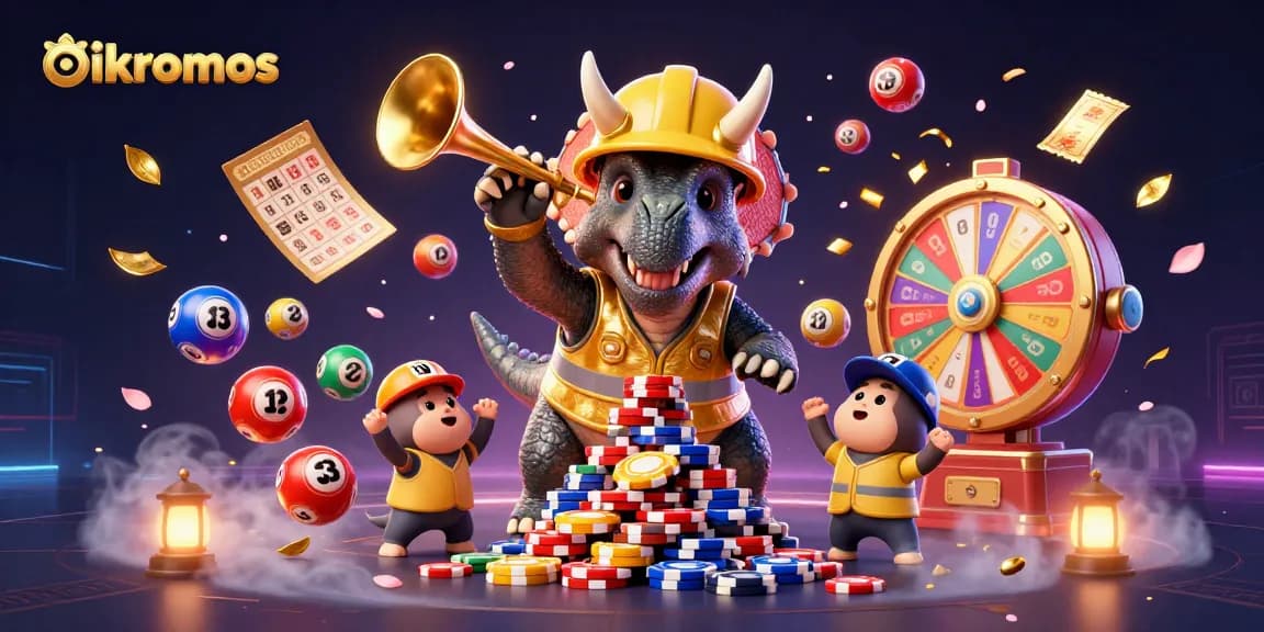 Oikonomos promotes excitement with a vibrant casino-themed illustration featuring animated gambling characters.