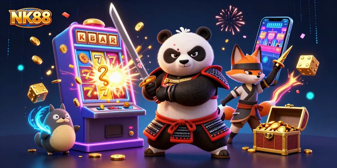 Experience thrilling action at NK88 with samurai panda, ninja fox, and magical elements in this vibrant casino scene.