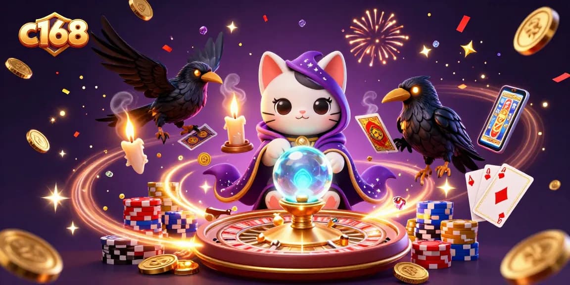 Experience thrilling gameplay at c168 with a mystical scene featuring a fortune teller, raven, and casino elements.