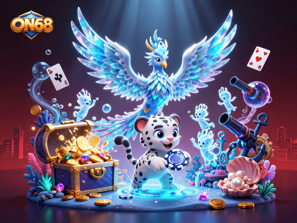 Experience the dynamic betting world of ON68 with an animated ice phoenix and underwater treasures.