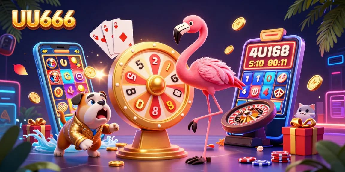 Engaging UU666 casino illustration with a game show host flamingo, bulldog, and cat displaying vibrant prizes.