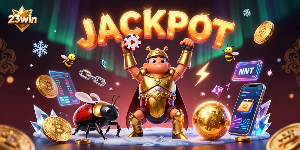 Engage with 23win in a vibrant 3D scene of victory featuring a heroic beetle and exciting gaming elements.
