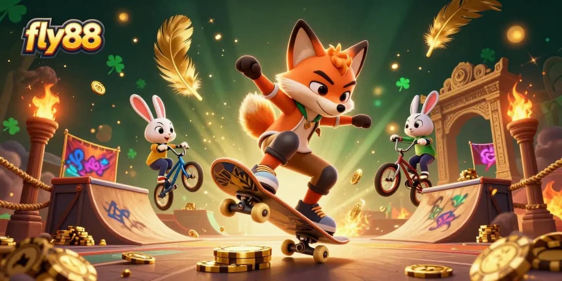 Experience the excitement of fly88 with vibrant casino-themed 3D illustration featuring dynamic characters.