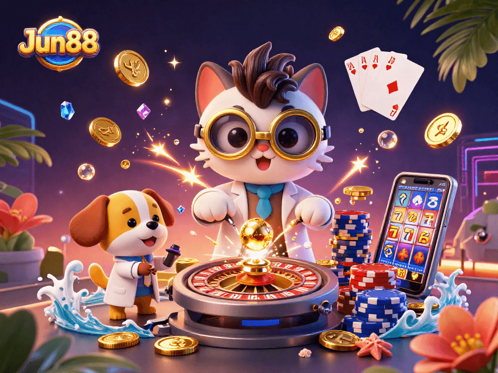Engage in exciting gameplay at Jun88 with a dynamic mad scientist cat and loyal dog creating a coin-replication machine.
