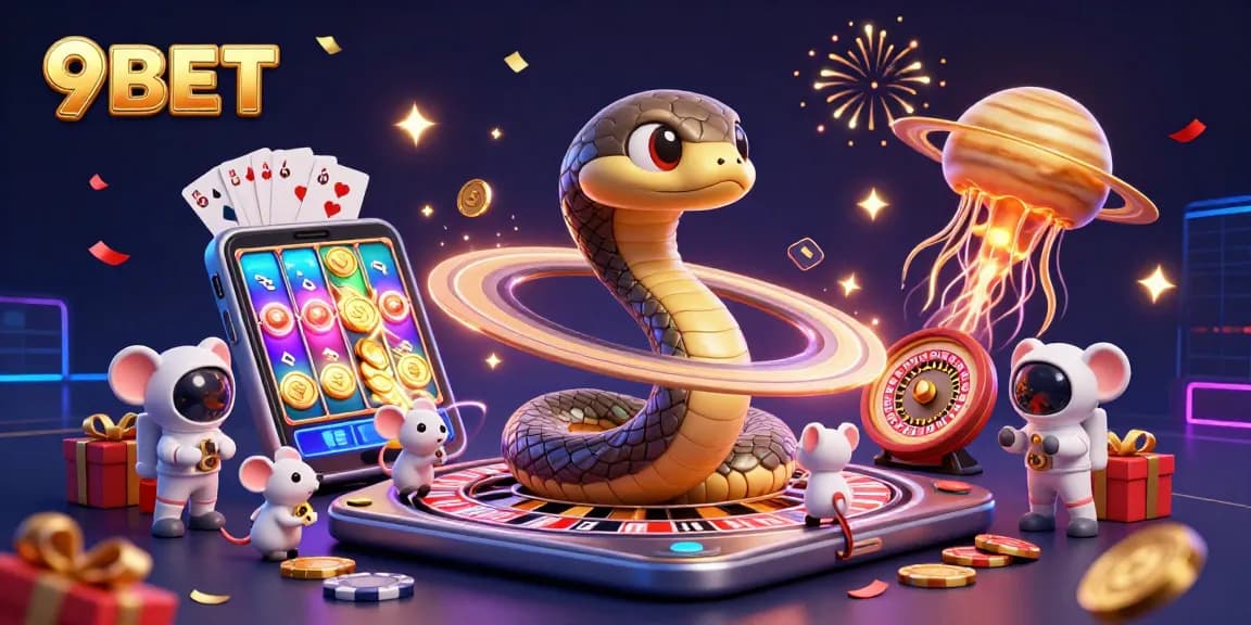 Engage with 9BET's dynamic betting scene: a colorful 3D illustration capturing cosmic casino action.