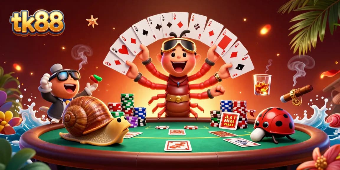 Experience the excitement of tk88 casino with a vibrant 3D illustration of animated casino characters and games.