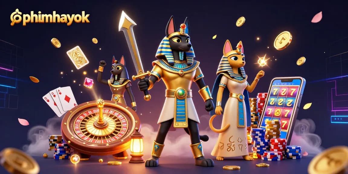 phimhayok features ancient Egyptian characters engaged in exciting casino action with dynamic elements.