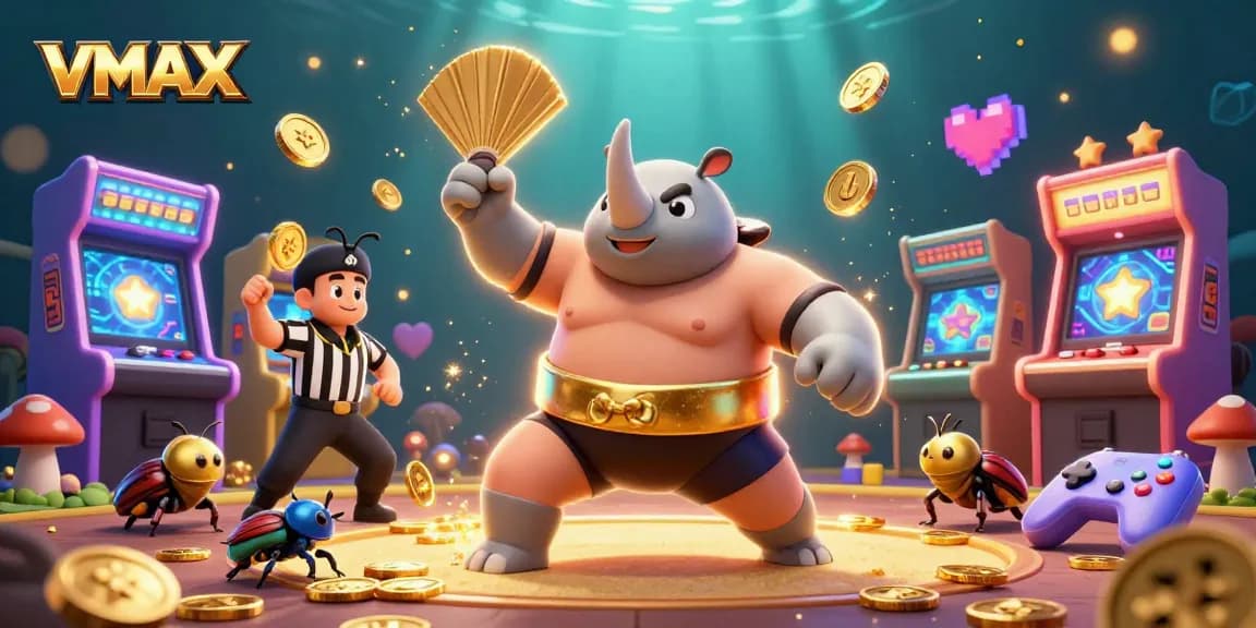 Experience thrilling wins with VMAX as a rhinoceros beetle sumo champion launches golden coins in a vibrant gaming atmosphere.