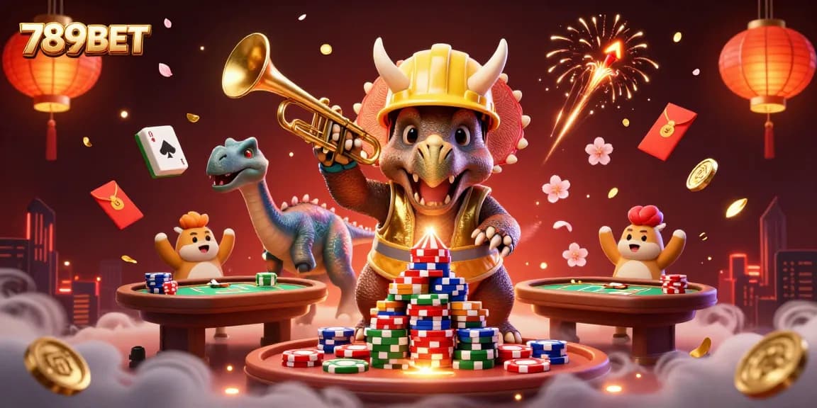Build your winnings at 789BET with a vibrant casino scene featuring triceratops and poker chips.