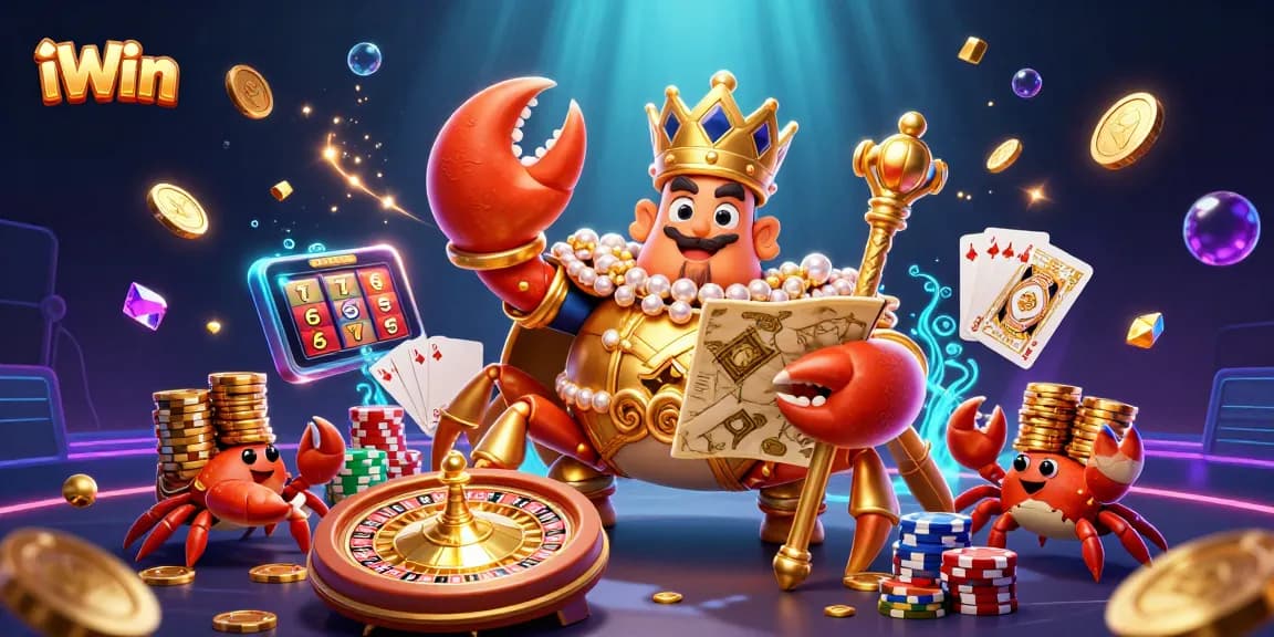 Experience thrilling gameplay with iWin's golden crab emperor amidst cascading coins and vibrant casino elements.