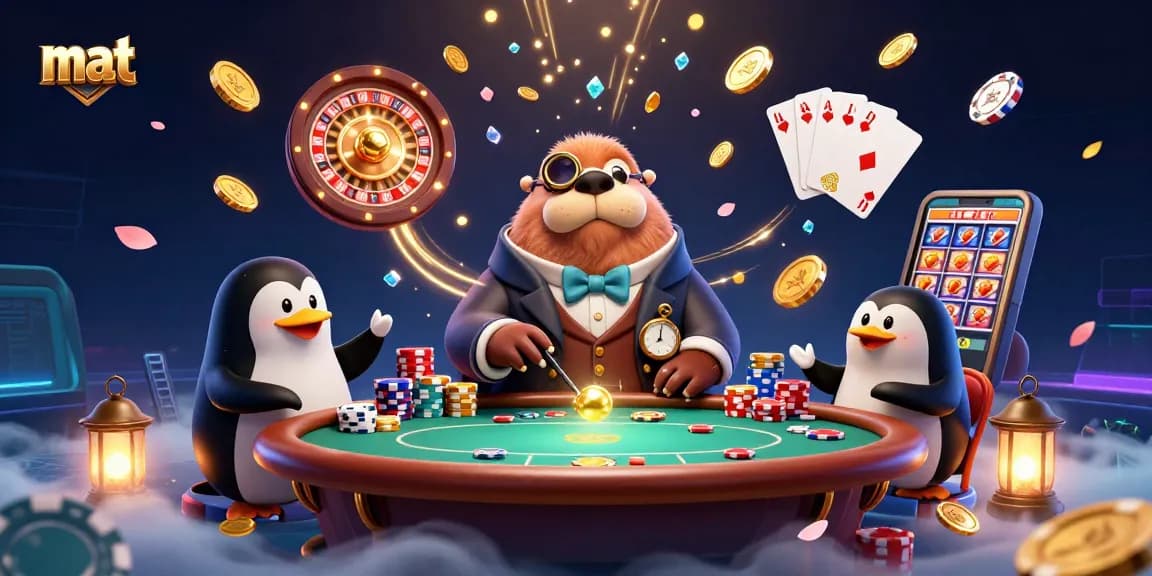 Engaging mat gameplay scene with a walrus, penguin, and pufferfish at an underwater poker table.