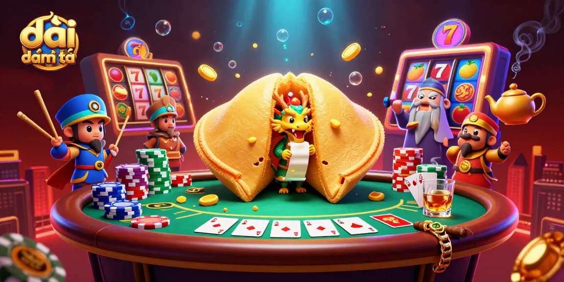 Engage in the excitement of đại phát tài with a golden fortune cookie and wise dragon amid vibrant casino elements.