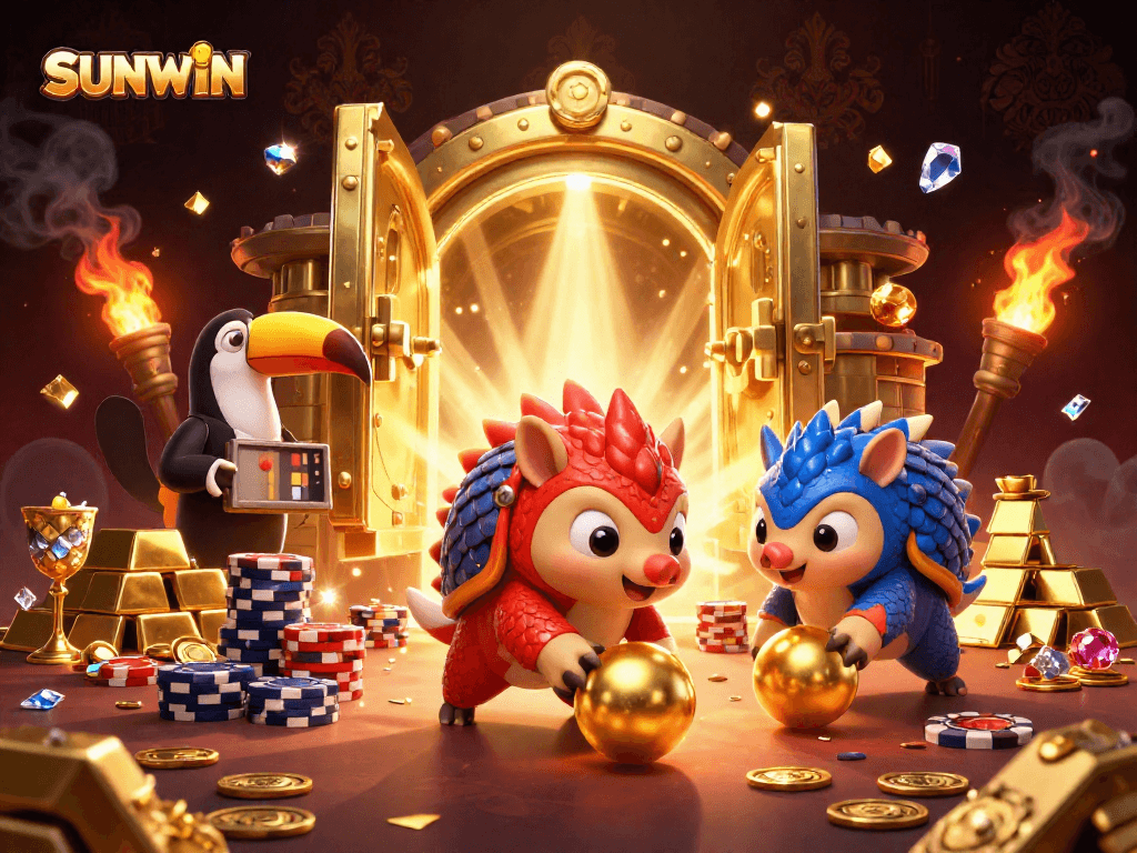 SUNWIN pangolins compete in a lively casino-themed showdown with golden treasures and vibrant action.