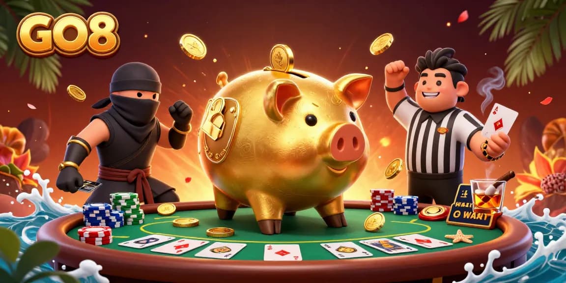 Engage in huge wins at GO8 with a vibrant 3D scene featuring casino elements and dynamic characters.