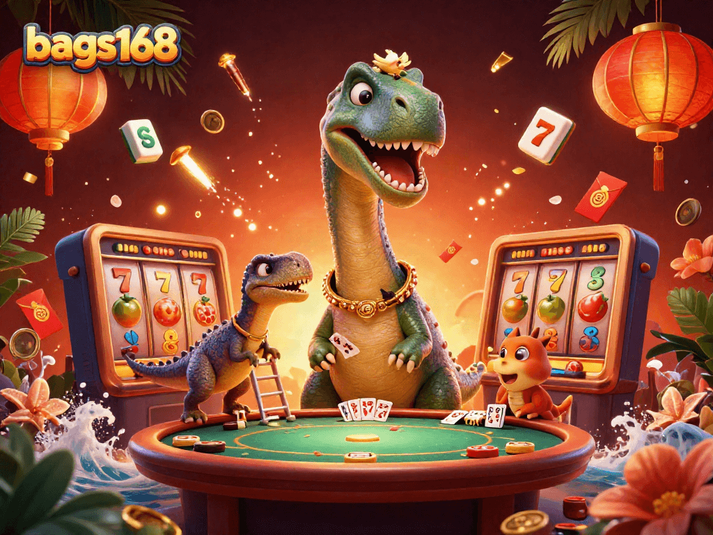 Bags168 offers a thrilling casino scene with a towering dinosaur and vibrant slot elements.