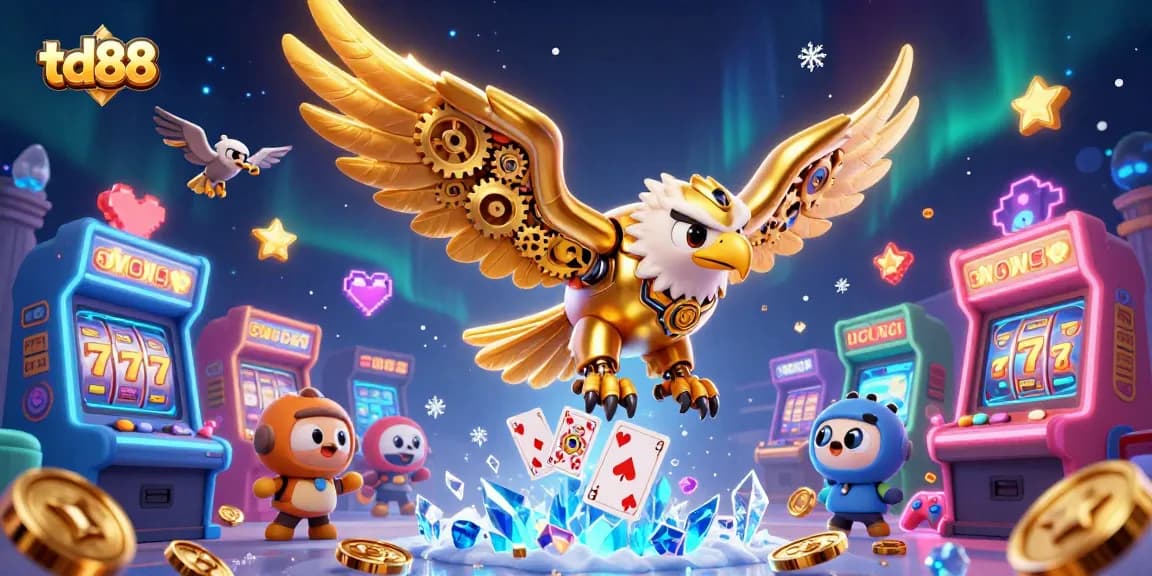 Engage with td88 in an action-packed 3D casino adventure featuring vibrant games and holographic elements.