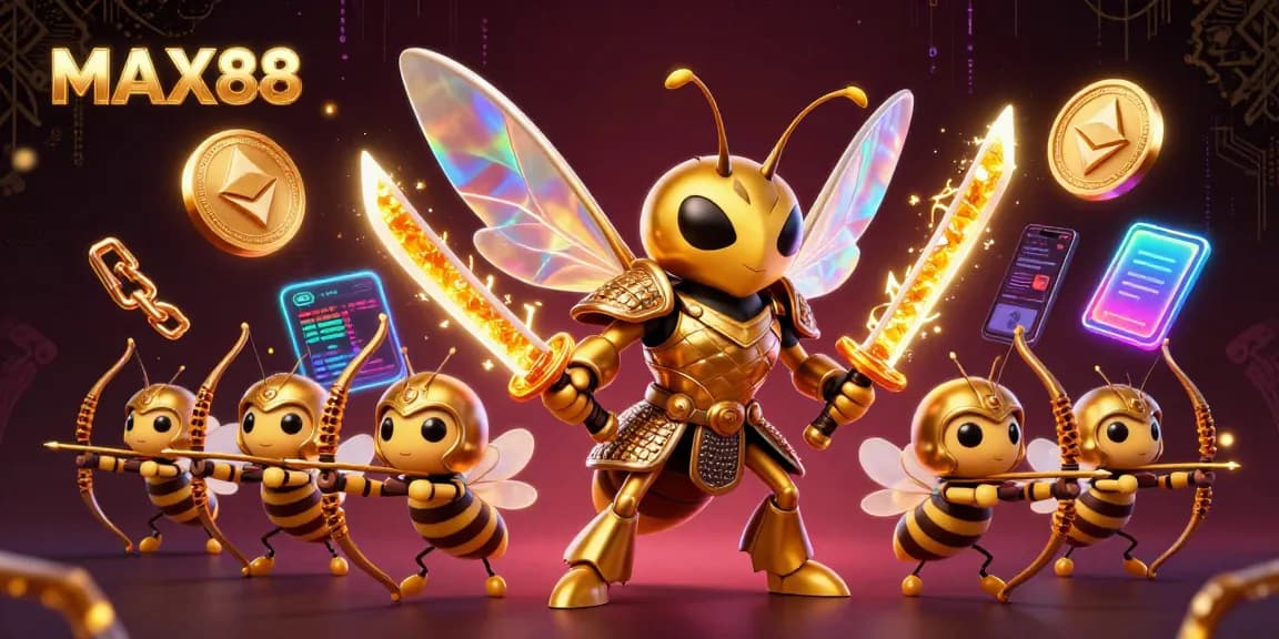 Experience MAX88's vibrant casino scene with 3D golden hornet warriors and engaging gaming elements.