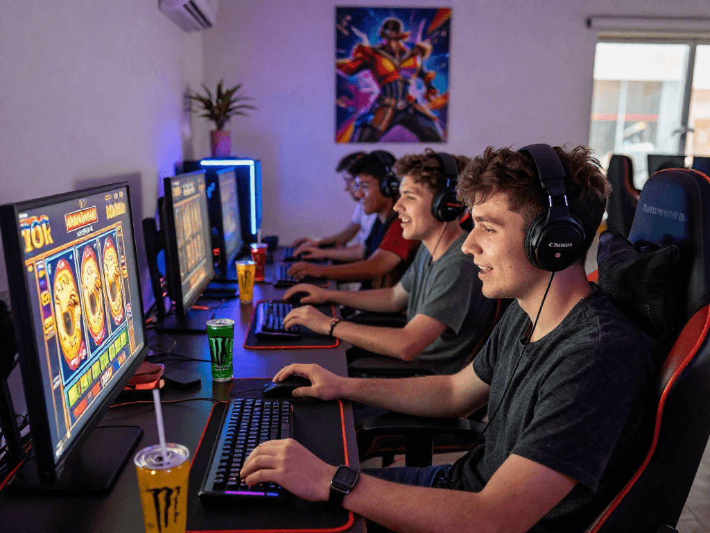 Engaging slot gaming scene with friends focused on gameplay involving a deposit of 10k.