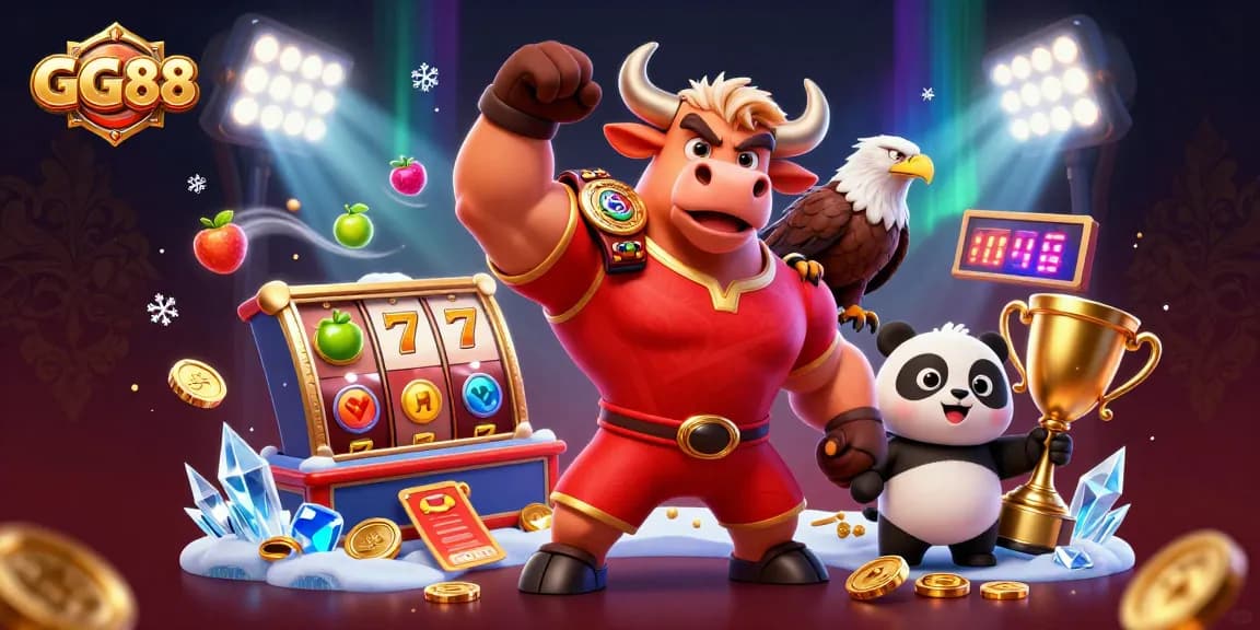 Celebrate winnings at GG88 with vibrant 3D illustration showcasing a strong bull, eagle champion, and panda trophy.