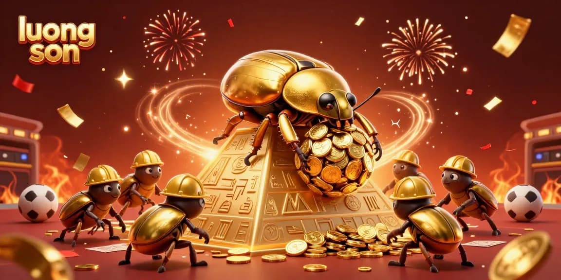 Engage in exhilarating sports betting with luong son as a golden beetle rolls in coins amidst dynamic action.