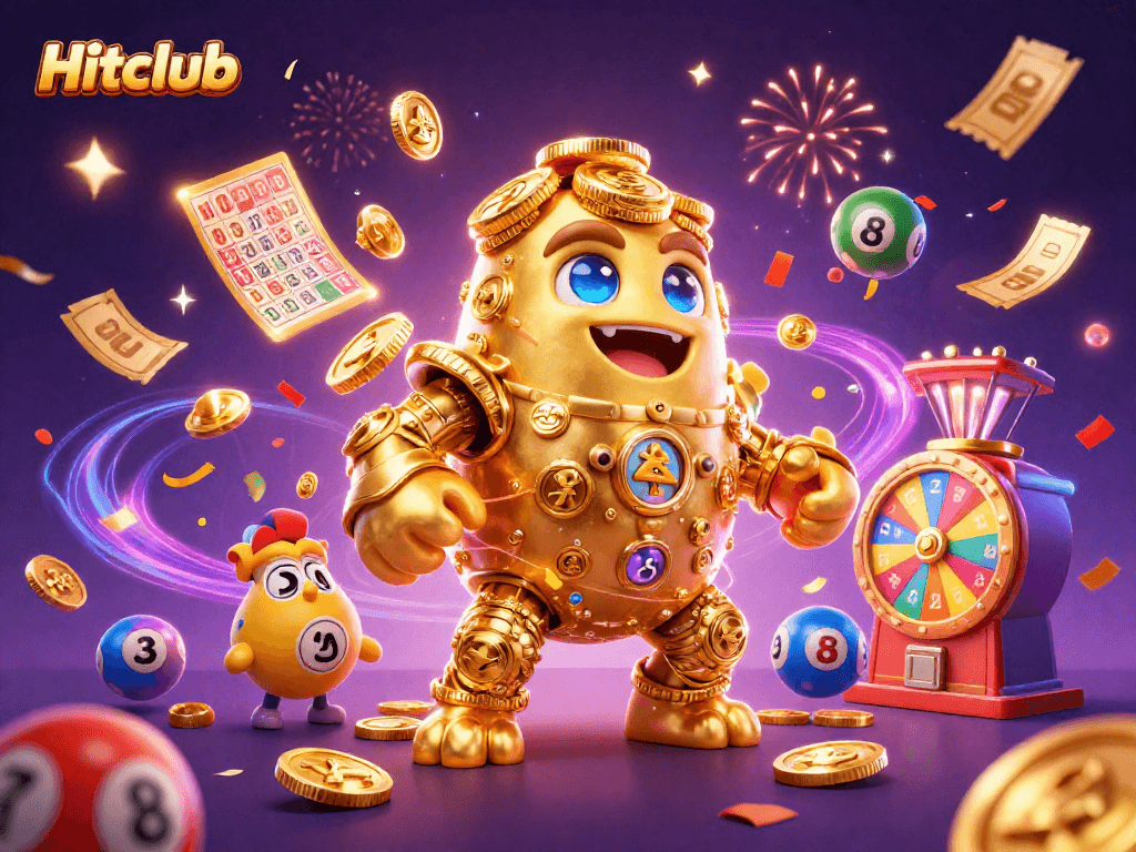 Experience exciting gameplay at Hitclub with colorful lottery elements and an animated golden golem.