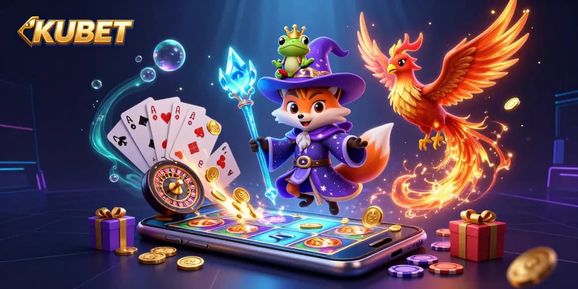 KUBET wizards and a phoenix celebrate casino wins with 3D illustrations of games and rewards.
