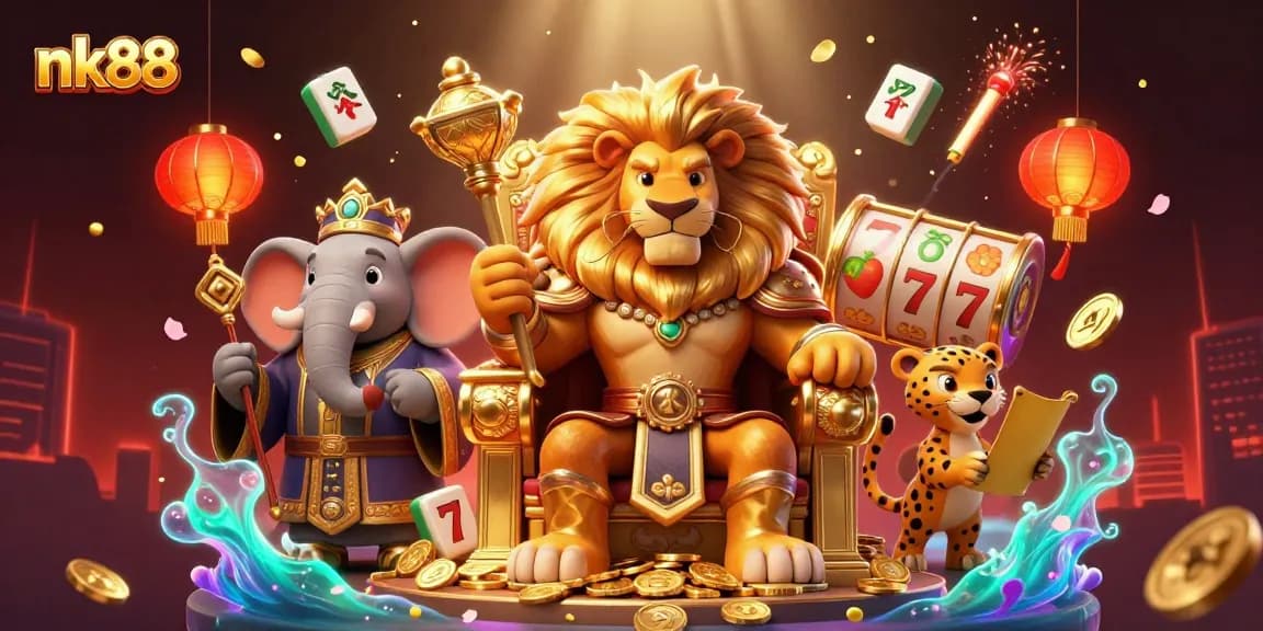 Experience the thrill of nk88 with lively characters and dynamic casino elements including slot reels.