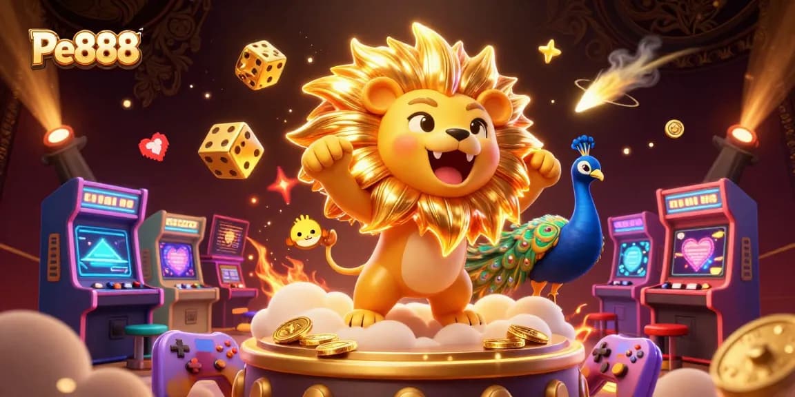 Experience the excitement of Pe888 with a vibrant casino-themed illustration featuring lively characters and game elements.