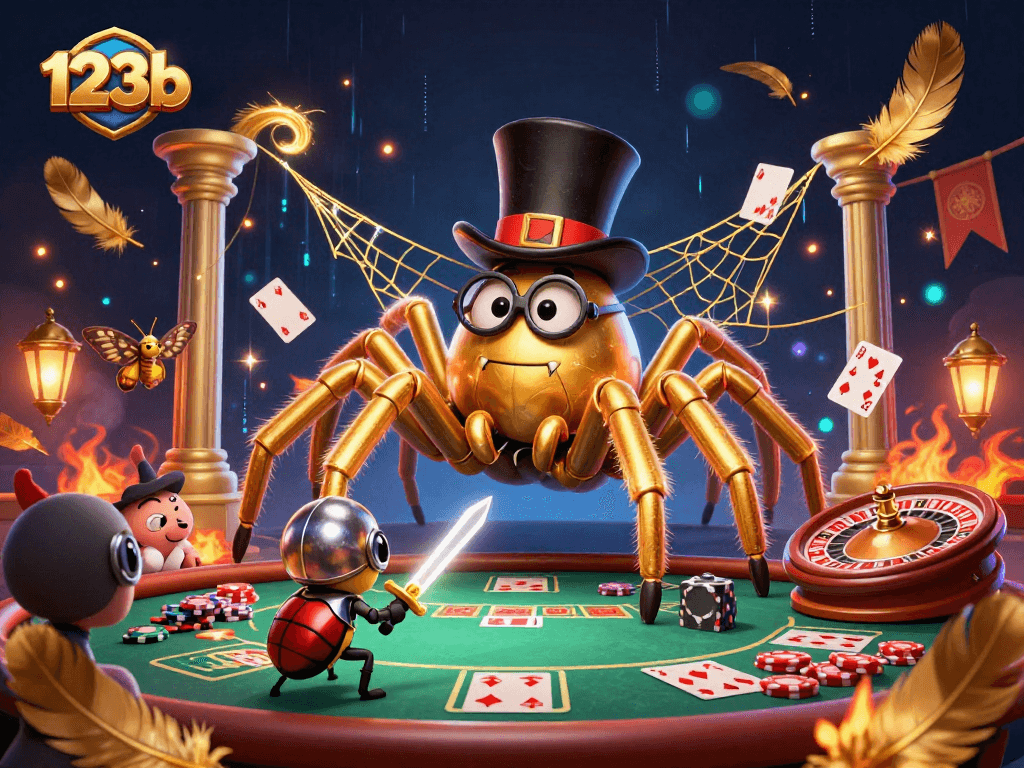 Engage in exciting poker action with 123b's vibrant 3D casino illustration featuring unique characters.