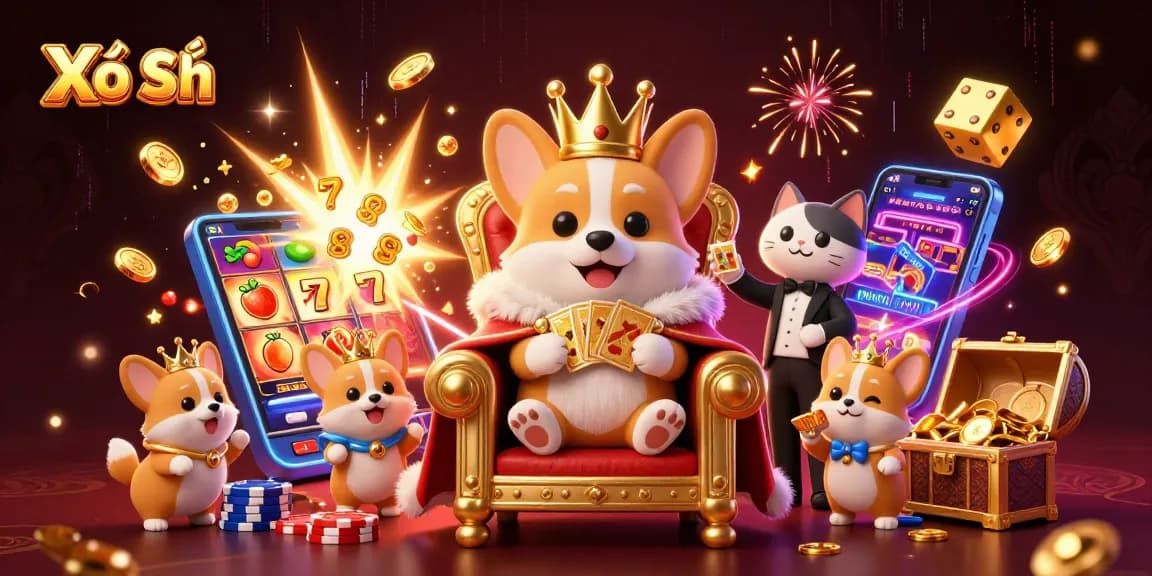 Xổ Số gives excitement as the royal corgi throne is surrounded by slot machines and golden treasures