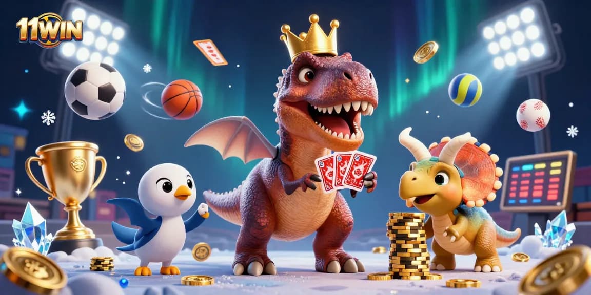 Immerse in 11WIN’s lively scene featuring a T-Rex shuffling cards and a baby triceratops stacking chips.