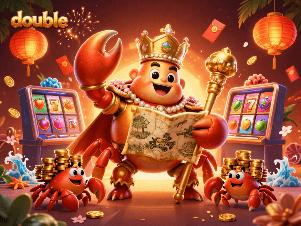 Engage with double-themed casino excitement featuring a crab emperor surrounded by vibrant gaming elements.